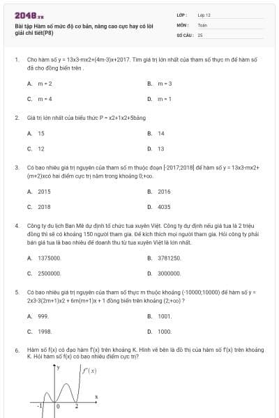 Bài tập Hàm số mức độ cơ bản, nâng cao cực hay có lời giải chi tiết(P8)
