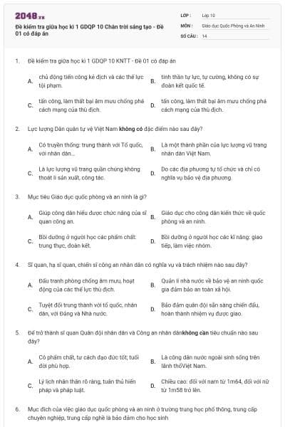 Đề kiểm tra giữa học kì 1 GDQP 10 Chân trời sáng tạo - Đề 01 có đáp án