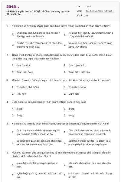 Đề kiểm tra giữa học kì 1 GDQP 10 Chân trời sáng tạo - Đề 02 có đáp án