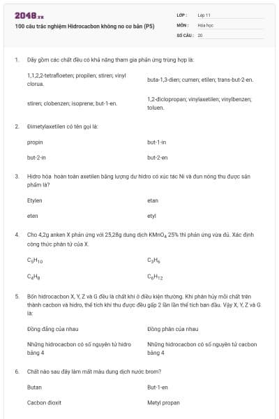 100 câu trắc nghiệm Hidrocacbon không no cơ bản (P5)