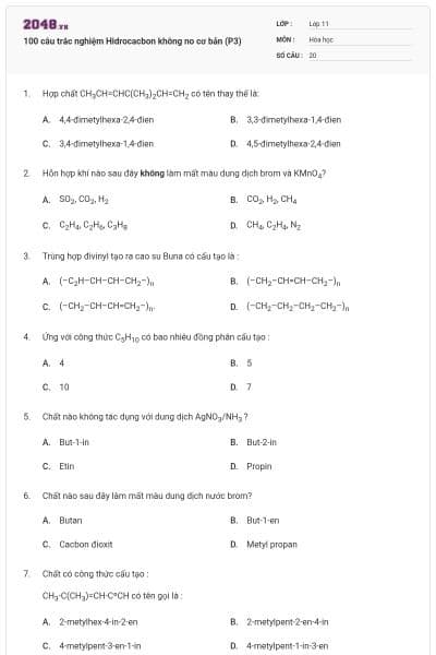 100 câu trắc nghiệm Hidrocacbon không no cơ bản (P3)