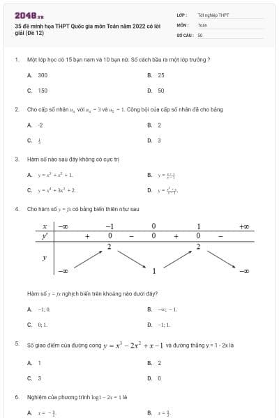 35 đề minh họa THPT Quốc gia môn Toán năm 2022 có lời giải (Đề 12)