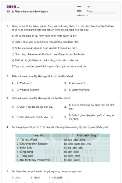 Bài tập Phần mềm máy tính có đáp án