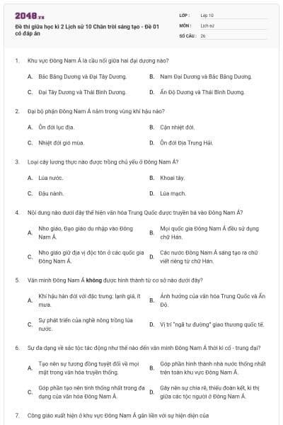 Đề thi giữa học kì 2 Lịch sử 10 Chân trời sáng tạo - Đề 01 có đáp án