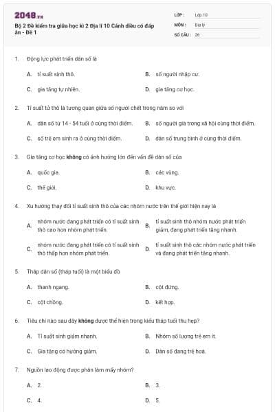 Bộ 2 Đề kiểm tra giữa học kì 2 Địa lí 10 Cánh diều có đáp án - Đề 1