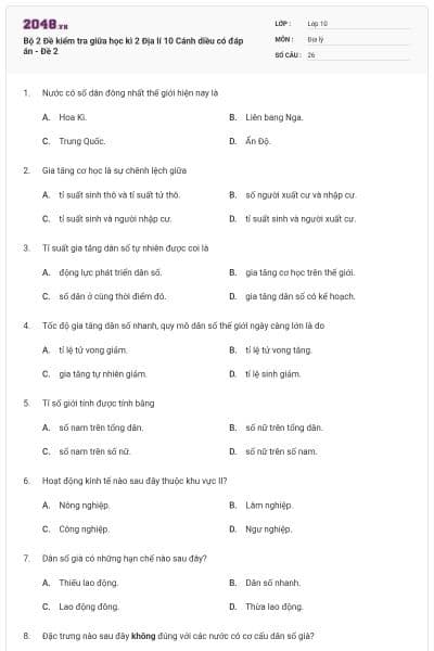 Bộ 2 Đề kiểm tra giữa học kì 2 Địa lí 10 Cánh diều có đáp án - Đề 2