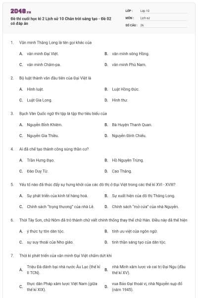 Đề thi cuối học kì 2 Lịch sử 10 Chân trời sáng tạo - Đề 02 có đáp án