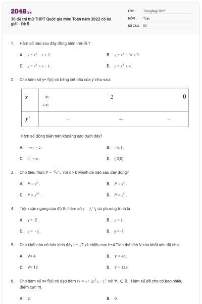 30 đề thi thử THPT Quốc gia môn Toán năm 2022 có lời giải - Đề 5