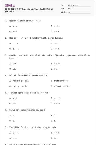 30 đề thi thử THPT Quốc gia môn Toán năm 2022 có lời giải - Đề 7