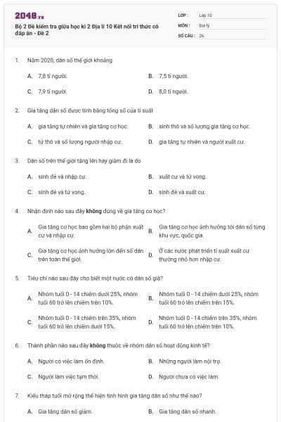 Bộ 2 Đề kiểm tra giữa học kì 2 Địa lí 10 Kết nối tri thức có đáp án - Đề 2