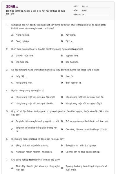 Bộ 2 Đề kiểm tra học kì 2 Địa lí 10 Kết nối tri thức có đáp án - Đề 1