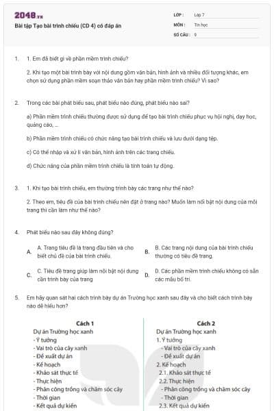 Bài tập Tạo bài trình chiếu (CD 4) có đáp án