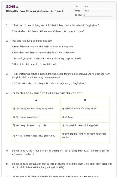 Bài tập Định dạng đối tượng trên trang chiếu có đáp án