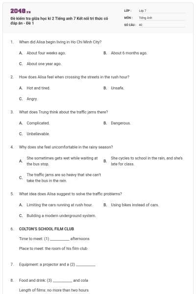 Đề kiểm tra giữa học kì 2 Tiếng anh 7 Kết nối tri thức có đáp án - Đề 1