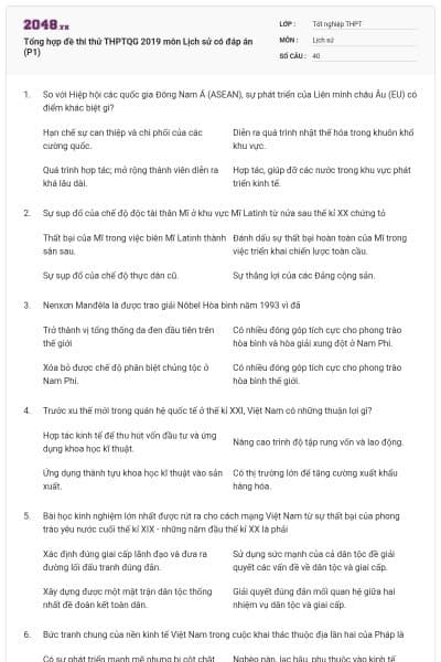 Tổng hợp đề thi thử THPTQG 2019 môn Lịch sử có đáp án (P1)