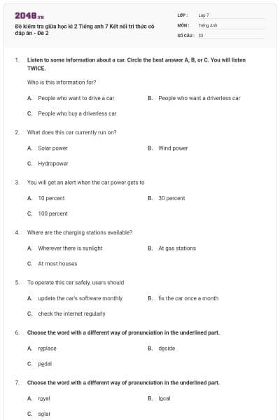 Đề kiểm tra giữa học kì 2 Tiếng anh 7 Kết nối tri thức có đáp án - Đề 2