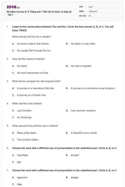 Đề kiểm tra học kì 2 Tiếng anh 7 Kết nối tri thức có đáp án - Đề 1
