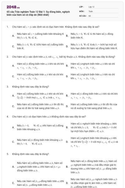 65 câu Trắc nghiệm Toán 12 Bài 1: Sự đồng biến, nghịch biến của hàm số có đáp án (Mới nhất)