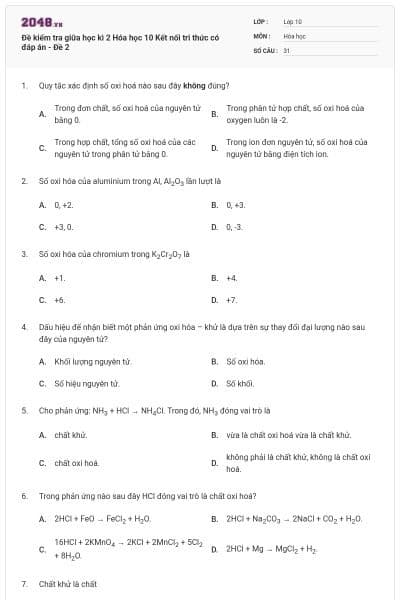 Đề kiểm tra giữa học kì 2 Hóa học 10 Kết nối tri thức có đáp án - Đề 2