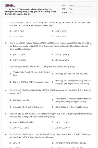 19 câu Dạng 2: Chứng minh hai mặt phẳng vuông góc, chứng minh đường thẳng vuông góc với mặt phẳng và các bài toán liên quan có đáp án