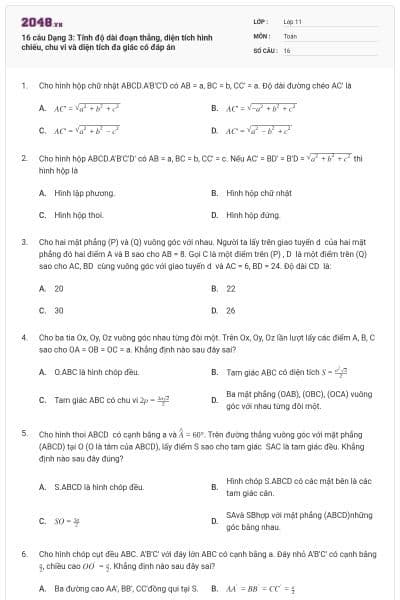 16 câu Dạng 3: Tính độ dài đoạn thẳng, diện tích hình chiếu, chu vi và diện tích đa giác có đáp án
