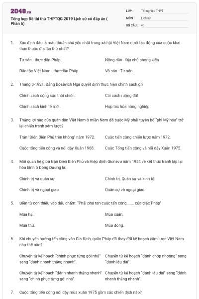 Tổng hợp Đề thi thử THPTQG 2019 Lịch sử có đáp án ( Phần 6)