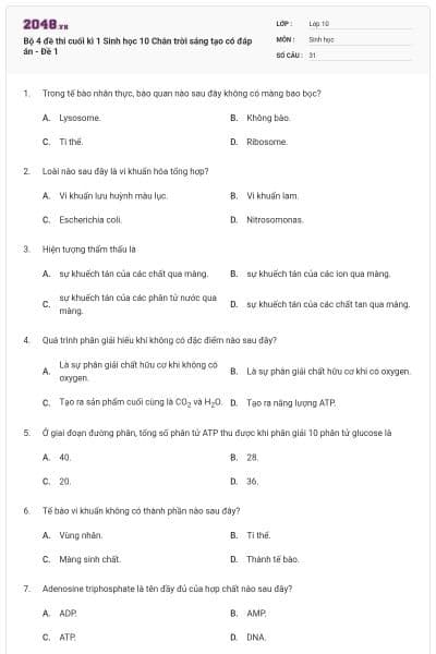 Bộ 4 đề thi cuối kì 1 Sinh học 10 Chân trời sáng tạo có đáp án - Đề 1
