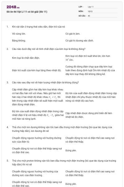 Đề ôn thi Vật Lí 11 có lời giải (Đề 11)
