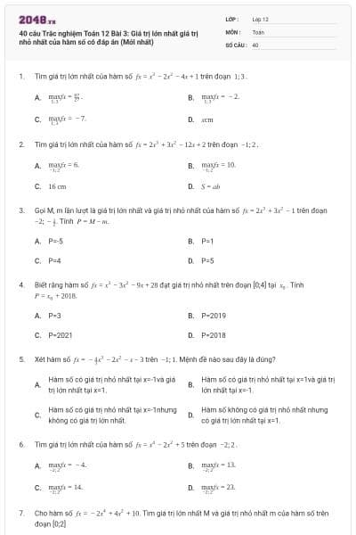 40 câu Trắc nghiệm Toán 12 Bài 3: Giá trị lớn nhất giá trị nhỏ nhất của hàm số có đáp án (Mới nhất)