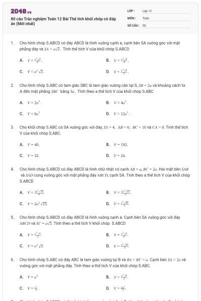 80 câu Trắc nghiệm Toán 12 Bài Thể tích khối chóp có đáp án (Mới nhất)