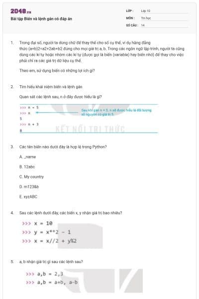 Bài tập Biến và lệnh gán có đáp án