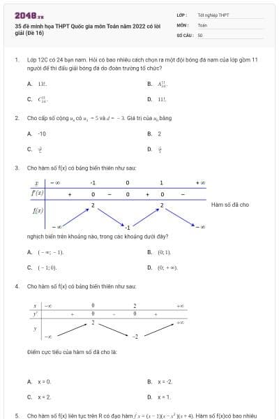 35 đề minh họa THPT Quốc gia môn Toán năm 2022 có lời giải (Đề 16)