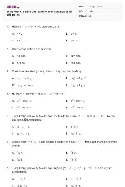 35 đề minh họa THPT Quốc gia môn Toán năm 2022 có lời giải (Đề 15)