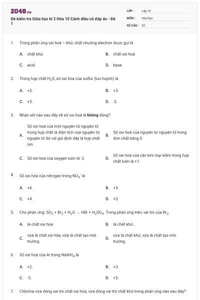 Đề kiểm tra Giữa học kì 2 Hóa 10 Cánh diều có đáp án - Đề 1