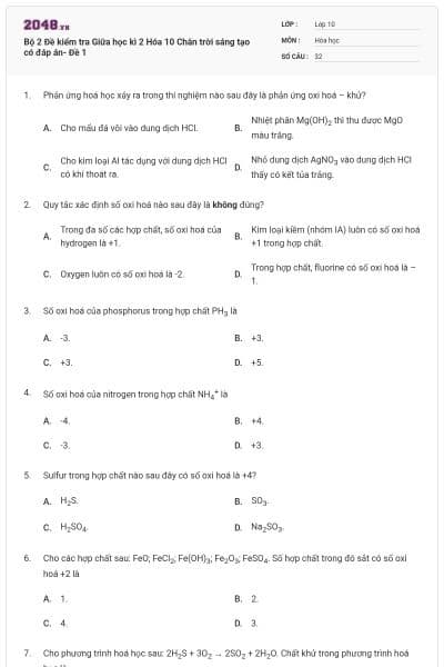 Bộ 2 Đề kiểm tra Giữa học kì 2 Hóa 10 Chân trời sáng tạo có đáp án- Đề 1