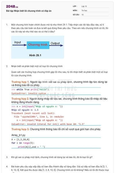 Bài tập Nhận biết lỗi chương trình có đáp án