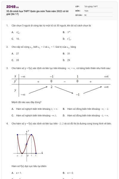 35 đề minh họa THPT Quốc gia môn Toán năm 2022 có lời giải (Đề 17)
