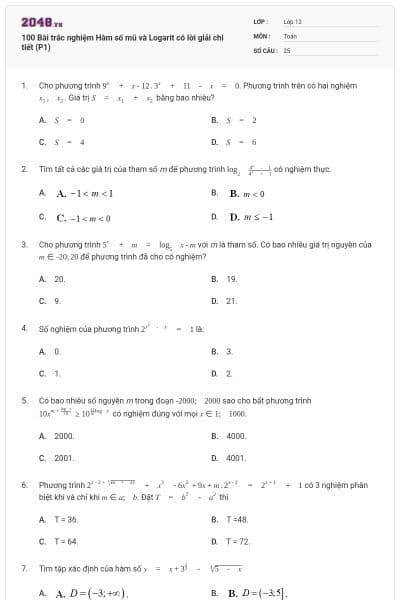 100 Bài trắc nghiệm Hàm số mũ và Logarit có lời giải chi tiết (P1)