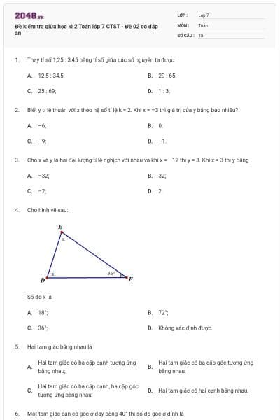 Đề kiểm tra giữa học kì 2 Toán lớp 7 CTST - Đề 02 có đáp án