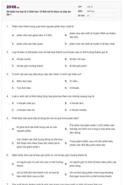Đề kiểm tra học kì 2 Sinh học 10 Kết nối tri thức có đáp án- Đề 1