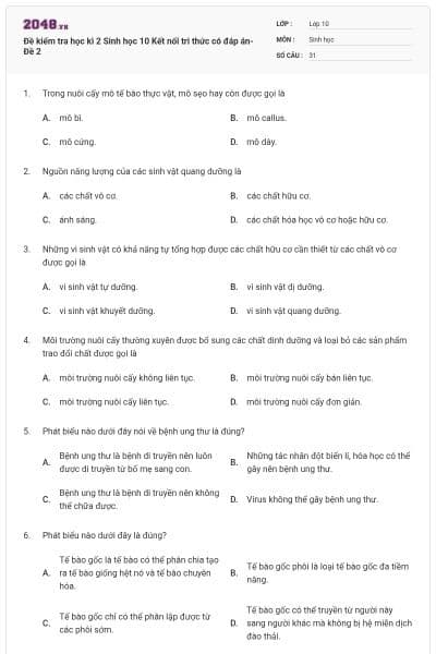 Đề kiểm tra học kì 2 Sinh học 10 Kết nối tri thức có đáp án- Đề 2
