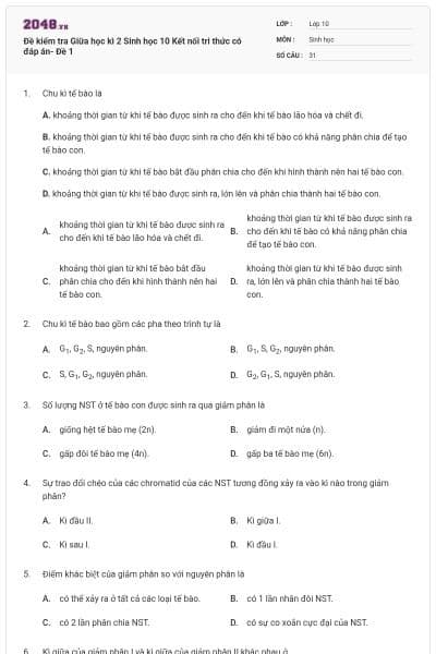 Đề kiểm tra Giữa học kì 2 Sinh học 10 Kết nối tri thức có đáp án- Đề 1