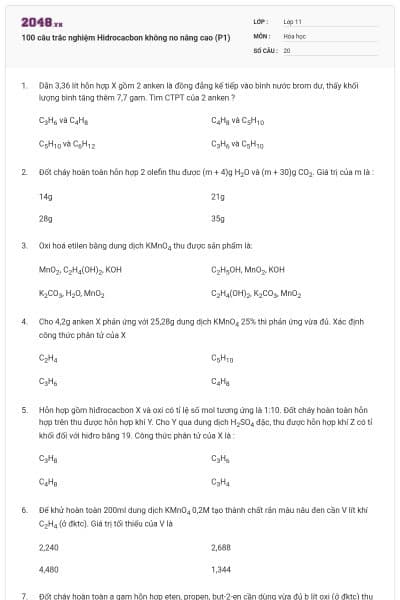 100 câu trắc nghiệm Hidrocacbon không no nâng cao (P1)