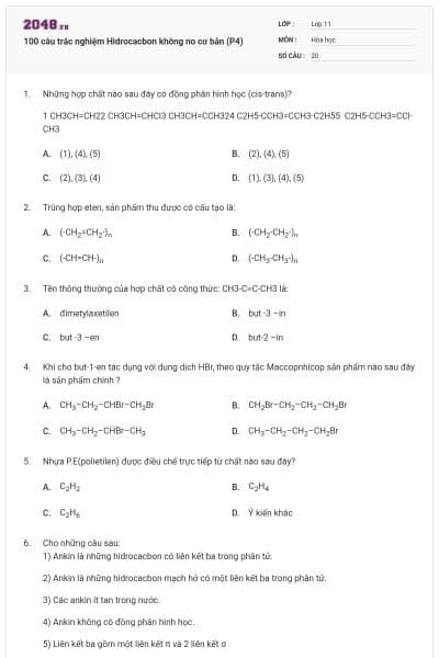 100 câu trắc nghiệm Hidrocacbon không no cơ bản (P4)