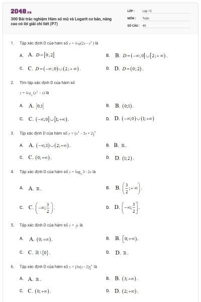 300 Bài trắc nghiệm Hàm số mũ và Logarit cơ bản, nâng cao có lời giải chi tiết (P7)