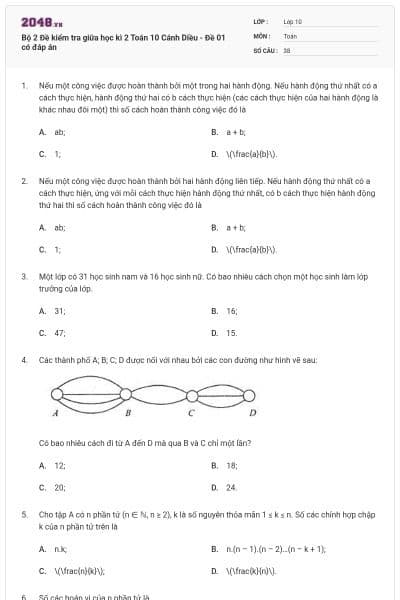Bộ 2 Đề kiểm tra giữa học kì 2 Toán 10 Cánh Diều - Đề 01 có đáp án