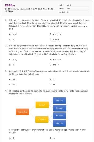 Bộ 2 Đề kiểm tra giữa học kì 2 Toán 10 Cánh Diều - Đề 02 có đáp án