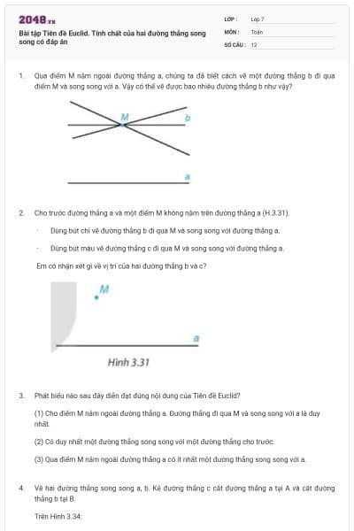 Bài tập Tiên đề Euclid. Tính chất của hai đường thẳng song song có đáp án