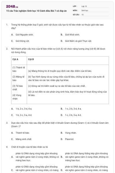 15 câu Trắc nghiệm Sinh học 10 Cánh diều Bài 7 có đáp án