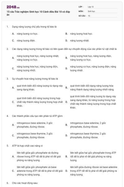 15 câu Trắc nghiệm Sinh học 10 Cánh diều Bài 10 có đáp án